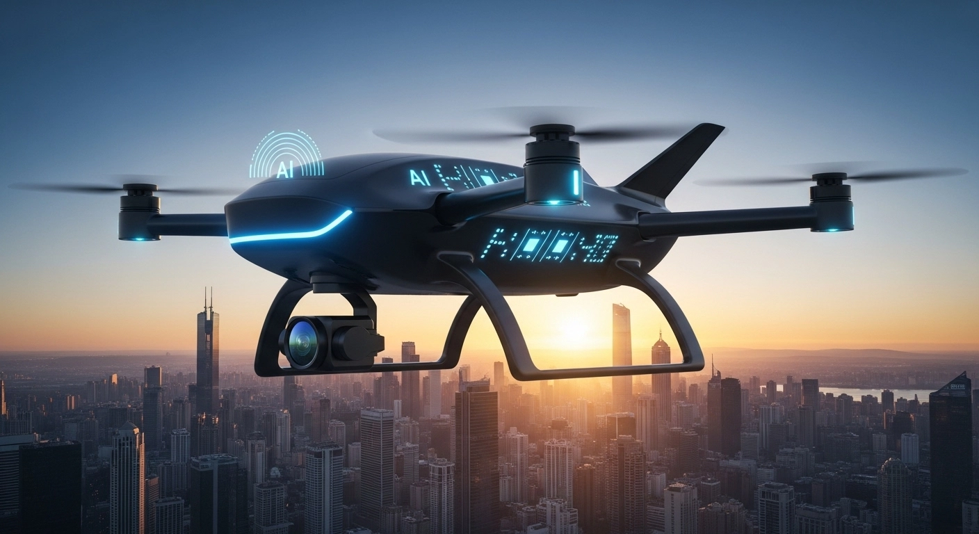 AI Drone System Flying Over City
